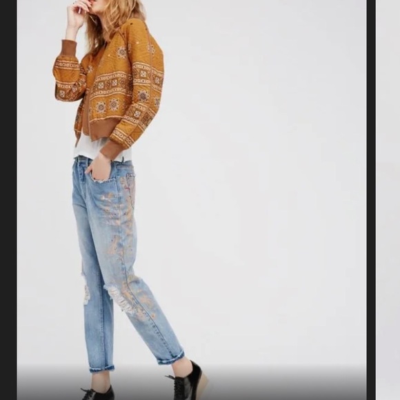 Free People Stencil and Destroyed Slim Leg High Rise Jeans Paint - Picture 1 of 7